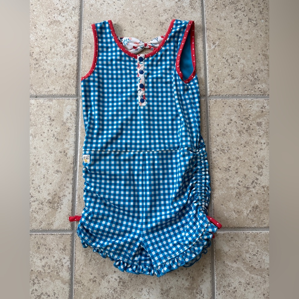 Wildflower girls size 12 Blue Gingham Girls Romper style bathing suit swimsuit